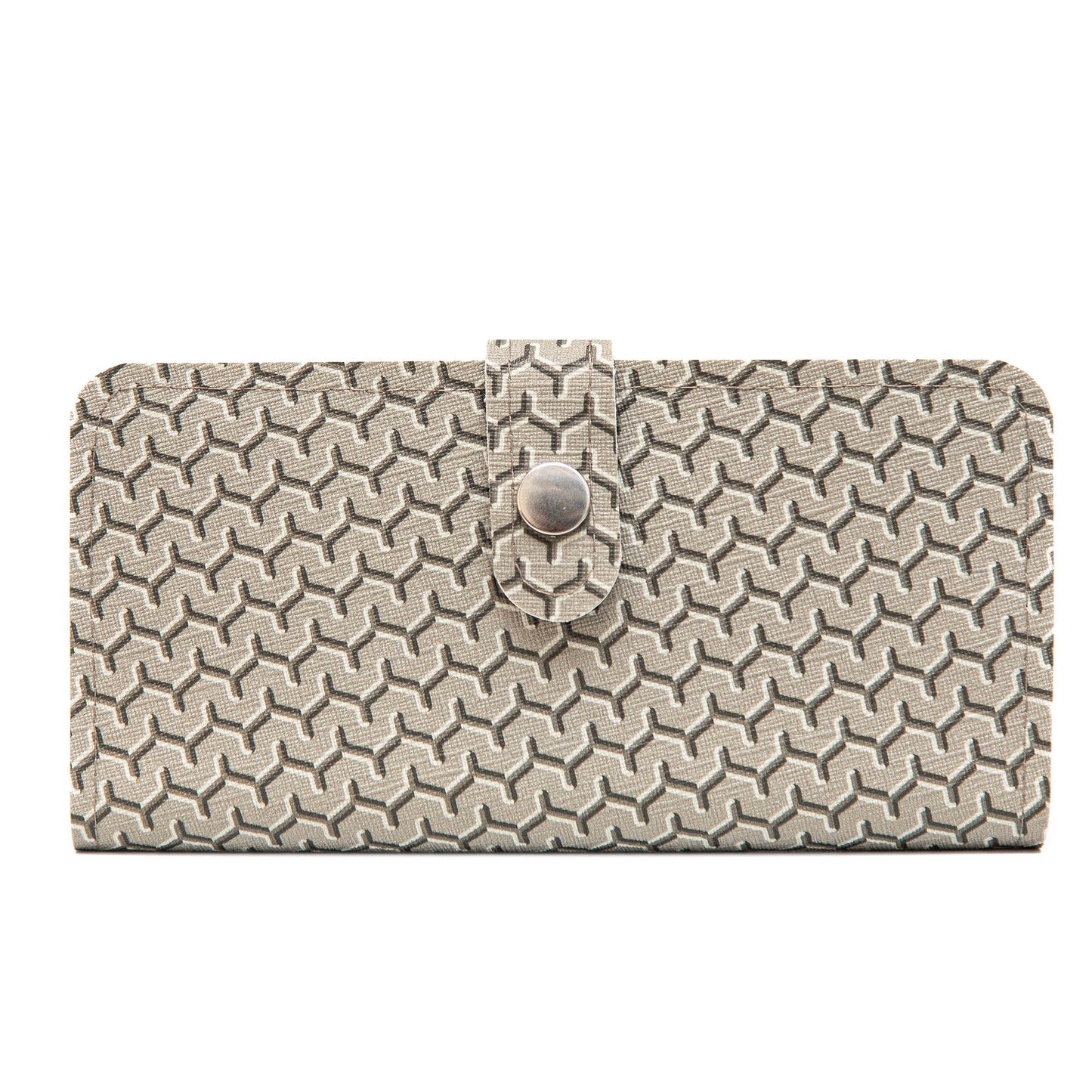 Geometric Patterned Grey PU Leather Women’s Purse – 7 Card Pockets, 2 Large Compartments, Zip Pocket