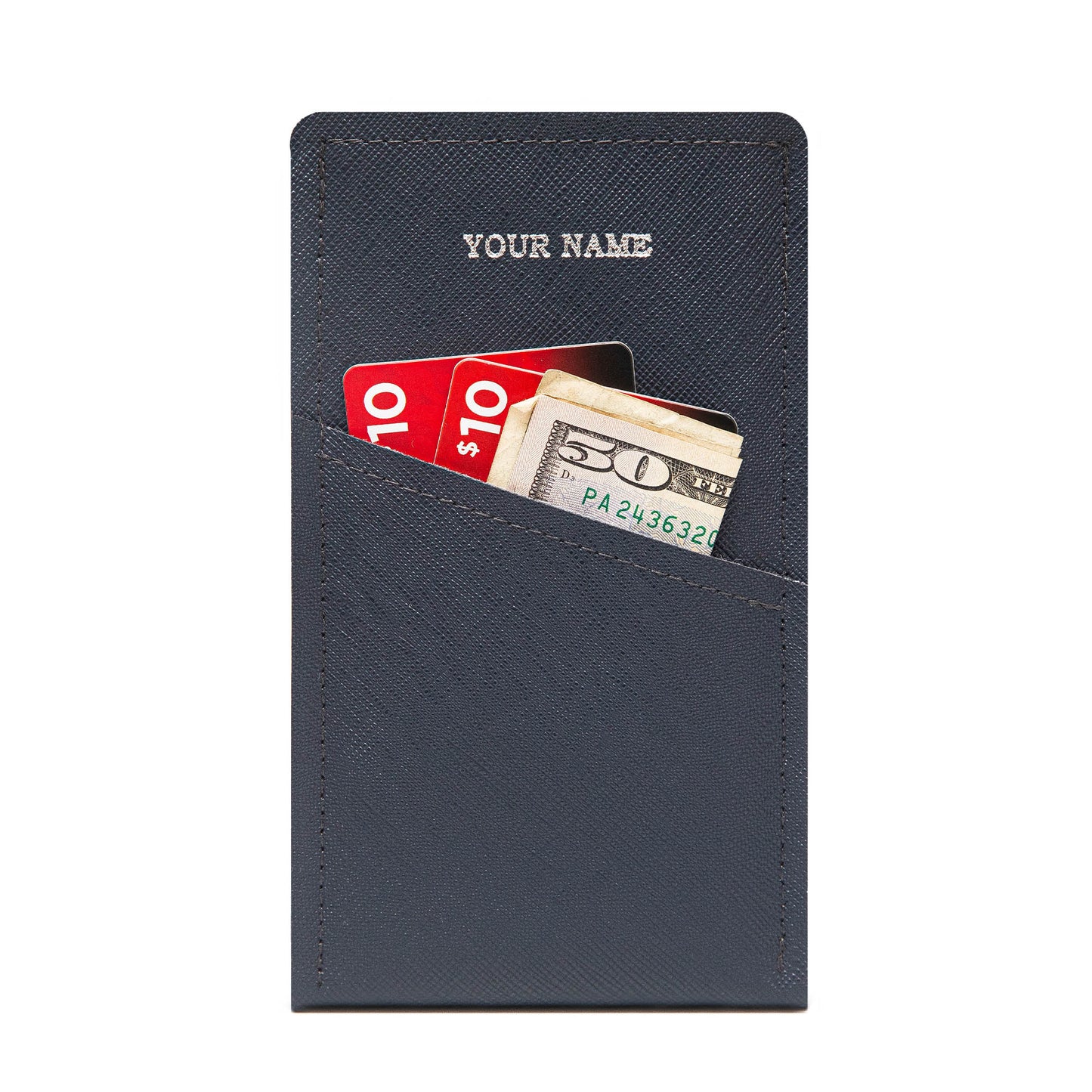 Personalized iPhone/Smartphone Sleeve with Card Holder – Handmade Navy Grey PU Leather